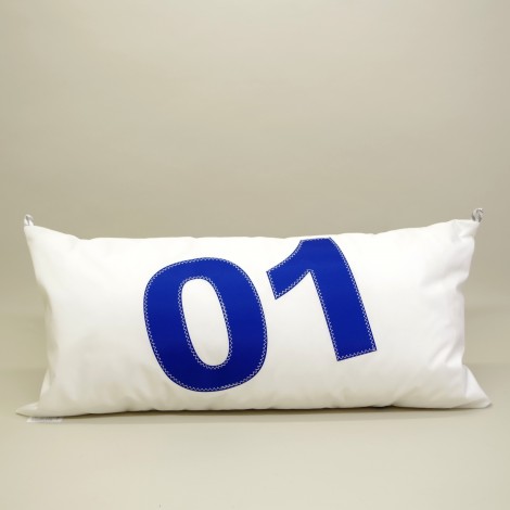 Coussin 90 cm X 45 cm en voile de bateau marqué 01 bleu